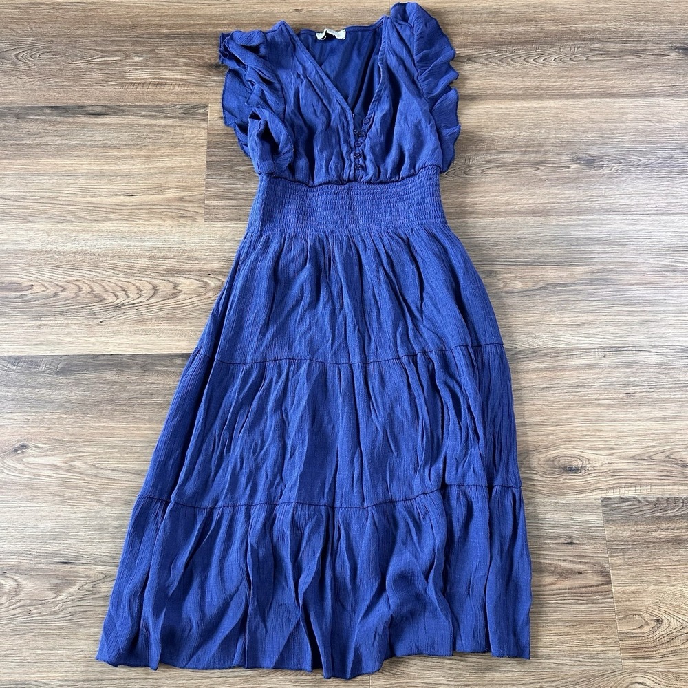J GEE Tiered Midi Dress Boho Blue Sleeveless Dress Petite Large Flutter Sleeves